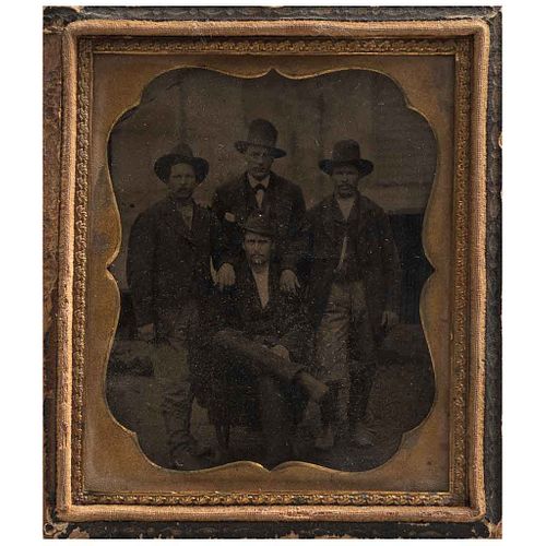 UNIDENTIFIED PHOTOGRAPHER, 4 caballeros, Unsigned, Tintype in case, 3.7 x 3.1" (9.5 x 8 cm) case size, 2.7 x 2.3" (7 x 6 cm) image size