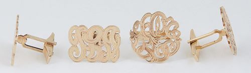 Two Pair of 14K Yellow Gold Monogram Cufflinks, with "JBL" initials, one pair horizontal and the other pair circular, Horizontal- H.- 9/16 in., W.- 15