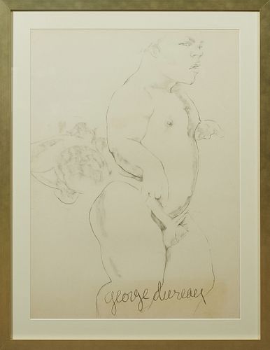 George Valentine Dureau (1930-2014, New Orleans), "Standing Black Nude Dwarf," 20th c., charcoal, signed lower right, presented in a wide gilt frame, 