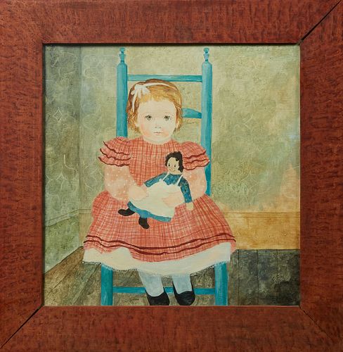 Jeanne Davies (1936-, American), "Portrait of a Girl and a Raggedy Ann Doll," 20th c., oil on board, presented in a painted wood frame, H.- 15 in., W.