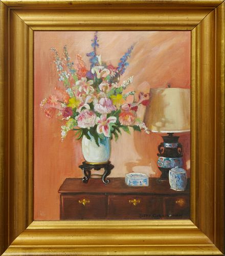 Betty Cunningham (1927-2006, Louisiana), "Still Life of Flowers in a Blue Vase," 20th c., oil on canvas, signed lower right, presented in a gilt cove 