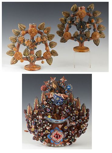 Three Pieces of Mexican Polychromed Clay Art, 20th c., consisting of an elaborate six light "Santo" candelabra; together with a pair of single floral 