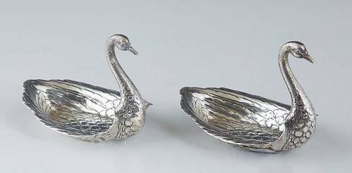 Pair of Gorham Durgin Sterling Swan Salts, 20th c., # 34, hallmarked and numbered on the underside, H.- 2 3/4 in., W.- 2 1/2 in., D.- 3 3/4 in., Wt.- 