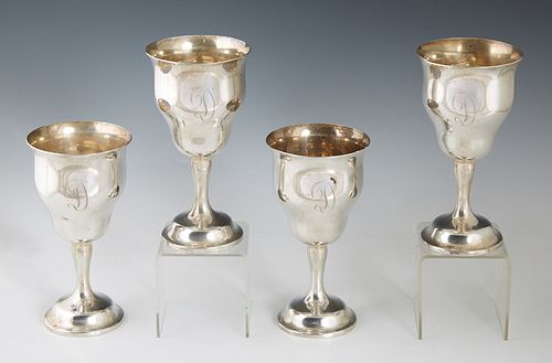 Set of Four Sterling Goblets, by Gorham, #1033, in the "Chantilly" pattern , H.- 6 1/2 in., Dia.- 3 3/8 in., Wt.- 24.65 Troy Oz. (4 Pcs.)