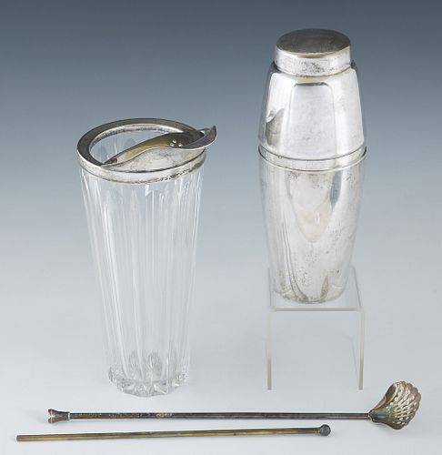Three Vintage Entertaining Items, consisting of a silverplated cocktail shaker by Towle, together with a silverplated and glass mixing glass, and two 