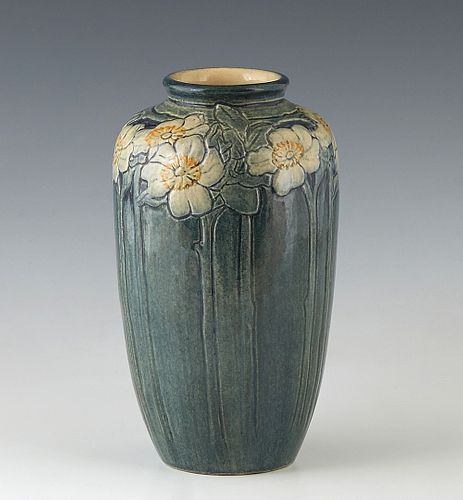 Newcomb Art Pottery High Glaze Vase, 1909, by Marie de Hoa LeBlanc, the baluster side decorated with Cherokee Roses, thrown by Joseph Meyer, the botto