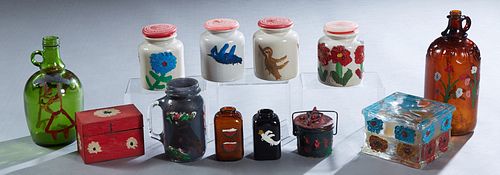 Clementine Hunter (1887-1988, Louisiana), Group of 12 Painted Objects, all from the Yvonne Ryan Collection, consisting of a metal index card file box,