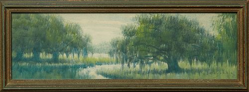Alexander J. Drysdale ( 1870-1934, Louisiana), "Louisiana Bayou Scene," early 20th c., oil wash on board, signed lower right, presented in a wood fram