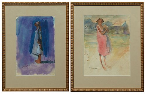 Don Wright (1938-2007, Louisiana), "Woman and Child," and "Woman in Field," 20th c., pair of watercolors on paper, both signed lower left, presented i