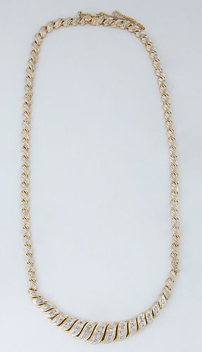 Vintage 14K Yellow Gold Link Necklace, by Leer Gem Ltd. , New York, with 36 yellow gold twisted vertical links with center rows of white gold balls on