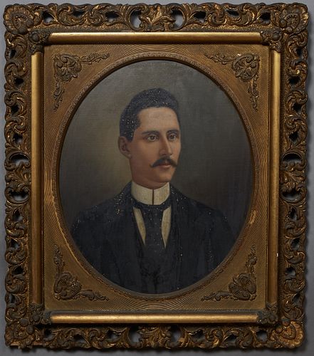 New Orleans School, "Portrait of Nicholas Burke," 19th c., oil on canvas, unsigned, presented in a gilt frame, H.- 23 in., W.- 19 1/4 in., Framed H.- 