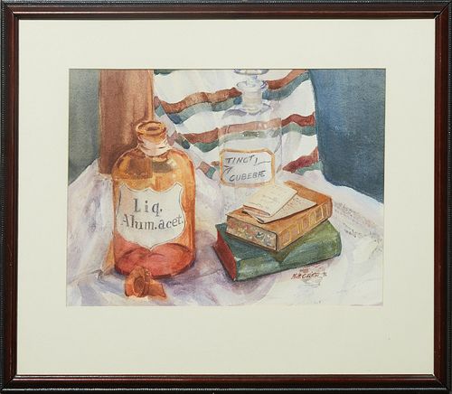 Nell Tilton, "Still Life of Apothecary Bottles and Books," 1996, watercolor, signed and dated lower right, presented in a polychromed and ebonized fra