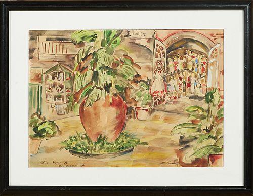 Janet Crawley (American), "Patio Royal Street," 20th c., watercolor on paper, signed lower right and titled lower left, presented in a black frame, H.