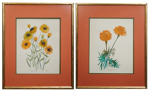 Zella Funck (1917-2009, Louisiana), "Marigold" and "Daisies," 20th c., watercolors on paper, signed lower right, titled lower left, presented in gilt 