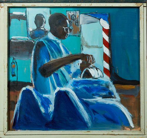 Wayne Manns (New Orleans), "Barber Shop," 2017, oil on board, presented in a found material wood frame, signed, titled and dated en verso, H.- 36 in.,