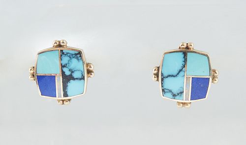 Pair of 14K Yellow Gold Art Deco Style Pierced Earrings, of rounded square form, inset with lapis, turquoise and opal, the frame with two central appl