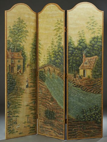 Three Panel Folding Screen, 20th c., by Sarried, Ltd., the arched panels with scenes of colonial life, H.- 84 1/2 in. W. Each Panel- 24 in., Total W.-