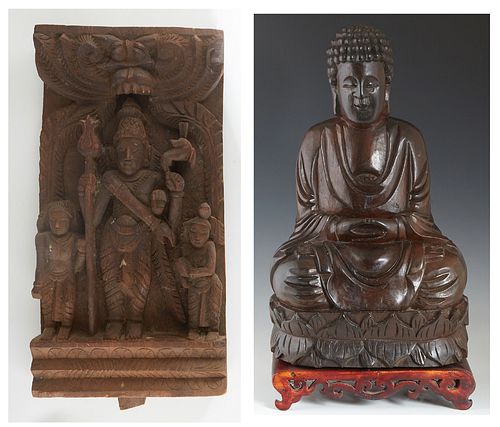 Two Wood Carvings, 19th c., consisting of a high relief Indian example of Shiva and two attendants; together with a Thai carved mahogany seated Buddha