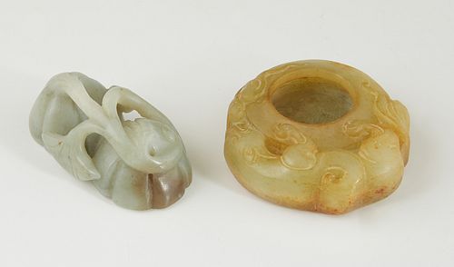 Two Pieces of Chinese Carved Jade, 19th c., consisting of a figural pen dip and a pomegranate form pen stand, Pomegranate- H.- 7/8 in., W.- 2 in., D.-