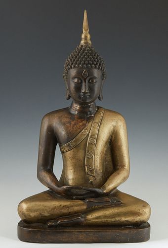 Patinated Gilt Bronze Seated Buddha Figure, early 20th c, in a lotus position, H.- 18 1/2 in., W.- 10 1/2 in., D.- 7 3/4 in.