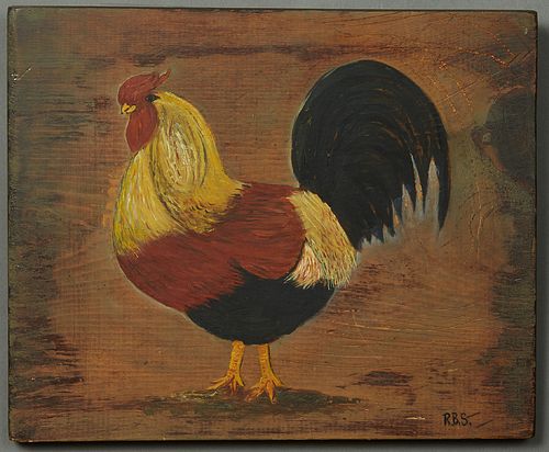 Rhoda Brady Stokes (1902-1988, Louisiana/Mississippi), "Rooster," 20th c., oil on wood panel, monogrammed lower right, signed en verso, H.- 9 3/4 in.,