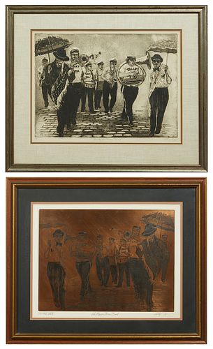 Phillip Sage (New Orleans), "The Olympia Brass Band," 1974, etching, edition 73/200, signed and dated lower right, titled bottom middle and editioned 