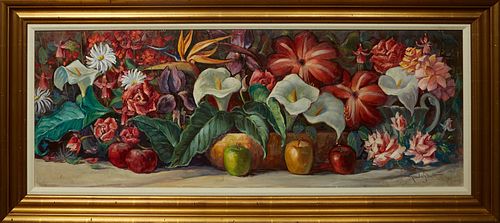 Paul A. Schmitt (1893-1983, American), "Still Life of Flowers and Fruit," 20th c., oil on canvas, signed lower right, presented in a faux gold leaf fr