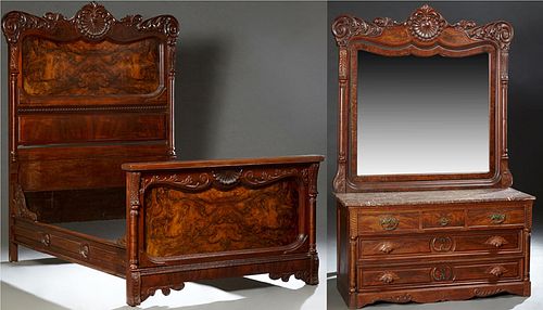 Two Piece Rococo Revival Carved Walnut Highback Bedroom Suite, c. 1870, consisting of a double bed, the arched serpentine headboard with a central rel