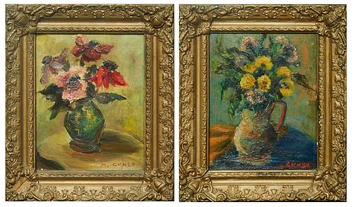 M. Cuneo (American), "Floral Still Life," 20th c., oil on canvas, pair of paintings, signed lower right, presented in gilt frames, H.- 9 3/8 in., W.- 