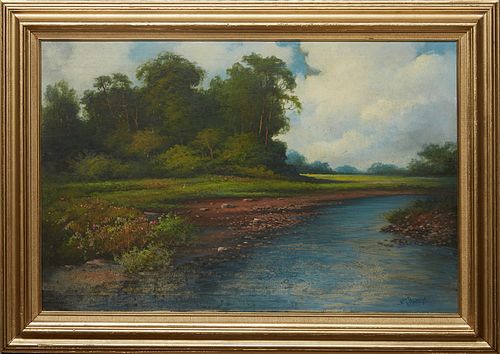 William F. Prince (American), "Burton Crossing," 1976, oil on canvas, signed and dated lower right, titled in marker verso, and marked #779, presented