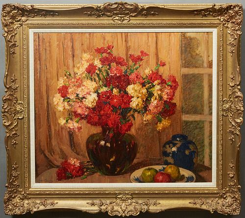 Alphonse van Beurden II (1878 - 1962, Belgian), "Still Life of Flowers," early 20th c., oil on canvas, signed lower left, presented in a gilt frame, H