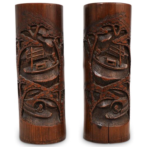 Pair Of Chinese Figural Carved Bamboo Vases