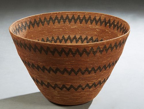 Large Southwestern Native American Open Basket, possibly Apache, early to mid 20th c., with a dyed zig-zag pattern, woven with dried willow and cotton