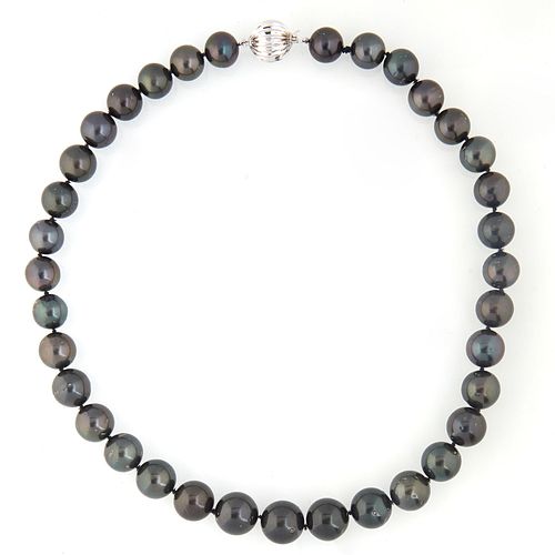 Graduated Strand of Thirty-Five Tahitian Black Cultured Pearls, ranging from 11-14mm., with a 14K white gold ball clasp, L.-,17 in., with appraisal.