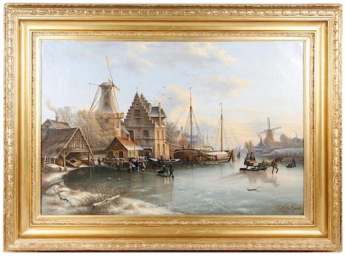 Dutch 1876 Oil, "Skaters at a Dutch Quay", Signed