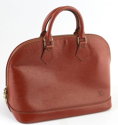 Louis Vuitton Saddle Bag Brown Epi Leather PM Alma Handbag, with golden brass hardware, opening to a light brown suede interior with small pocket, H.-