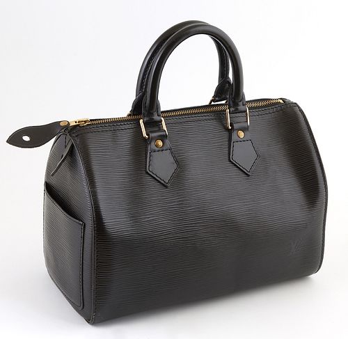 Louis Vuitton Black Epi Leather 25 Speedy Handbag, with golden brass hardware, opening to a black suede interior with small pocket and key ring holder