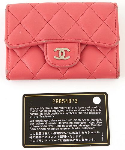 Chanel Pink Quilted Leather Flap Coin Purse, c. 2019, the calf leather with silver "CC" logo on snap, opening to coin pouch and one card holder, the e