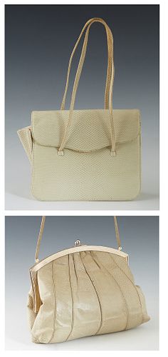 Two Vintage Judith Leiber Lizard Handbags, the first with gold hardware, the interior lined in a satin woven material with an open side pocket on one 