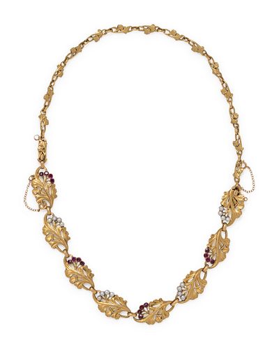 FRENCH, ART NOUVEAU, YELLOW GOLD, RUBY AND PEARL CONVERTIBLE NECKLACE