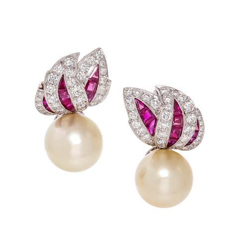 EVELYN CLOTHIER, DIAMOND, RUBY AND CULTURED SOUTH SEA PEARL EARCLIPS