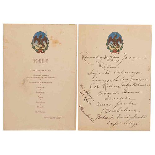 Menús del Rancho San Joaquín, Tacuba. México, 1919 / 1920. 20 x 14 cm. Uno manuscrito y otro impreso. Con águila grabada a color.