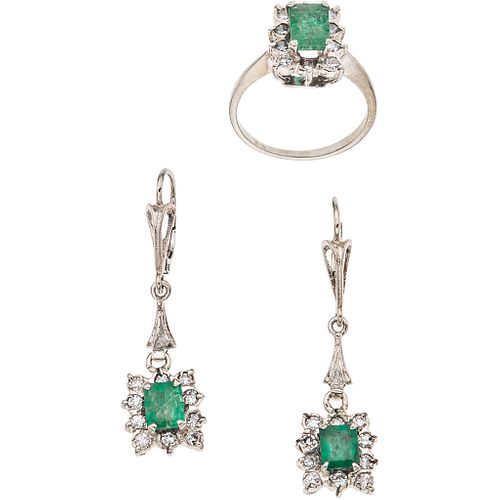 SET OF RING AND PAIR OF EARRINGS WITH EMERALDS AND DIAMONDS IN 14K WHITE GOLD 3 Emeralds ~1.80 ct and 29 diamonds ~0.87 ct