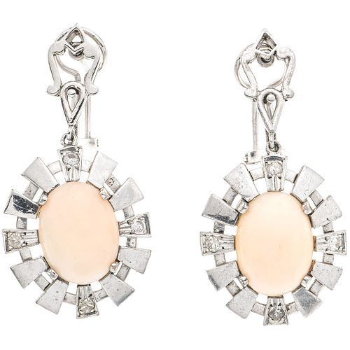 PAIR OF EARRINGS WITH CORALS AND DIAMONDS IN PALLADIUM SILVER 2 Pink corals ~8.0 ct, 8 8x8 cut diamonds ~0.24 ct. Weight: 11.8 g