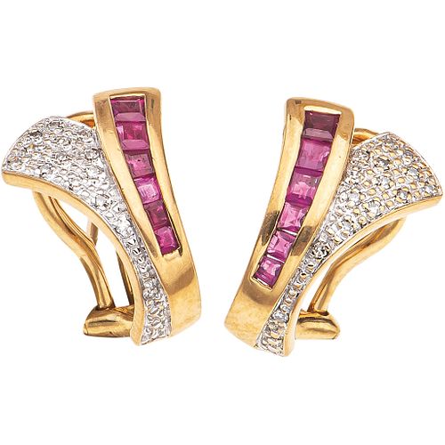 PAIR OF EARRINGS WITH RUBIES AND DIAMONDS IN 14K YELLOW GOLD 12 Square cut rubies ~0.50 ct and 28 8x8 cut diamonds ~0.18 ct