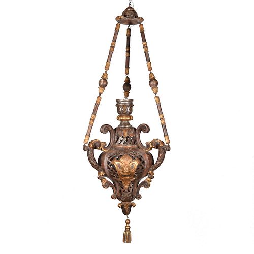 Large Baroque Style Carved, Painted & Giltwood Lantern