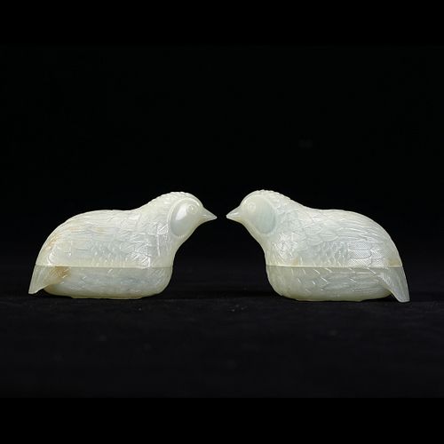 A PAIR OF WHITE JADE 'BIRDS' BOXES WITH COVERS 