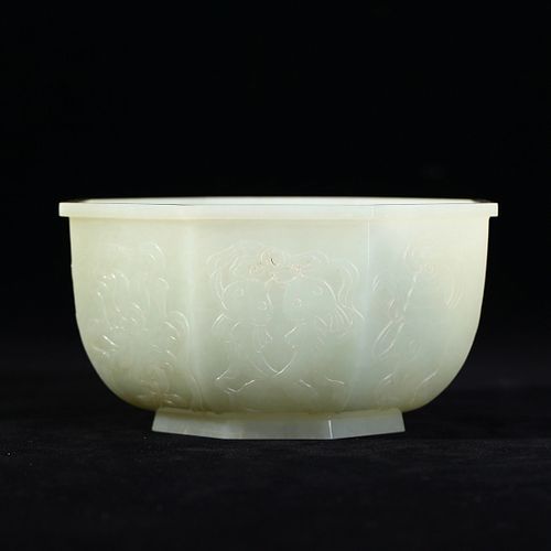 A WHITE JADE LOBED FORM FLORAL BOWL