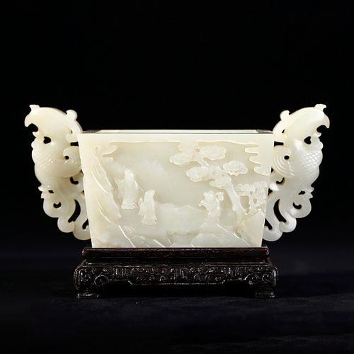 A WHITE JADE LANDSCAPE AND FIGURES BRUSH WASHER