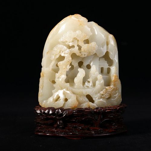 A WHITE JADE LANDSCAPE AND FIGURES CARVING 